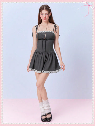 Coquette Kawaii Balletcore Ribbon Bow Contrast Lace Trim Ruched Hem Cami Dress Date Night Holiday Going Out Dress