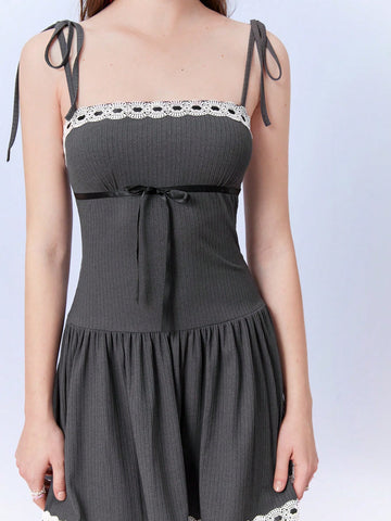 Coquette Kawaii Balletcore Ribbon Bow Contrast Lace Trim Ruched Hem Cami Dress Date Night Holiday Going Out Dress