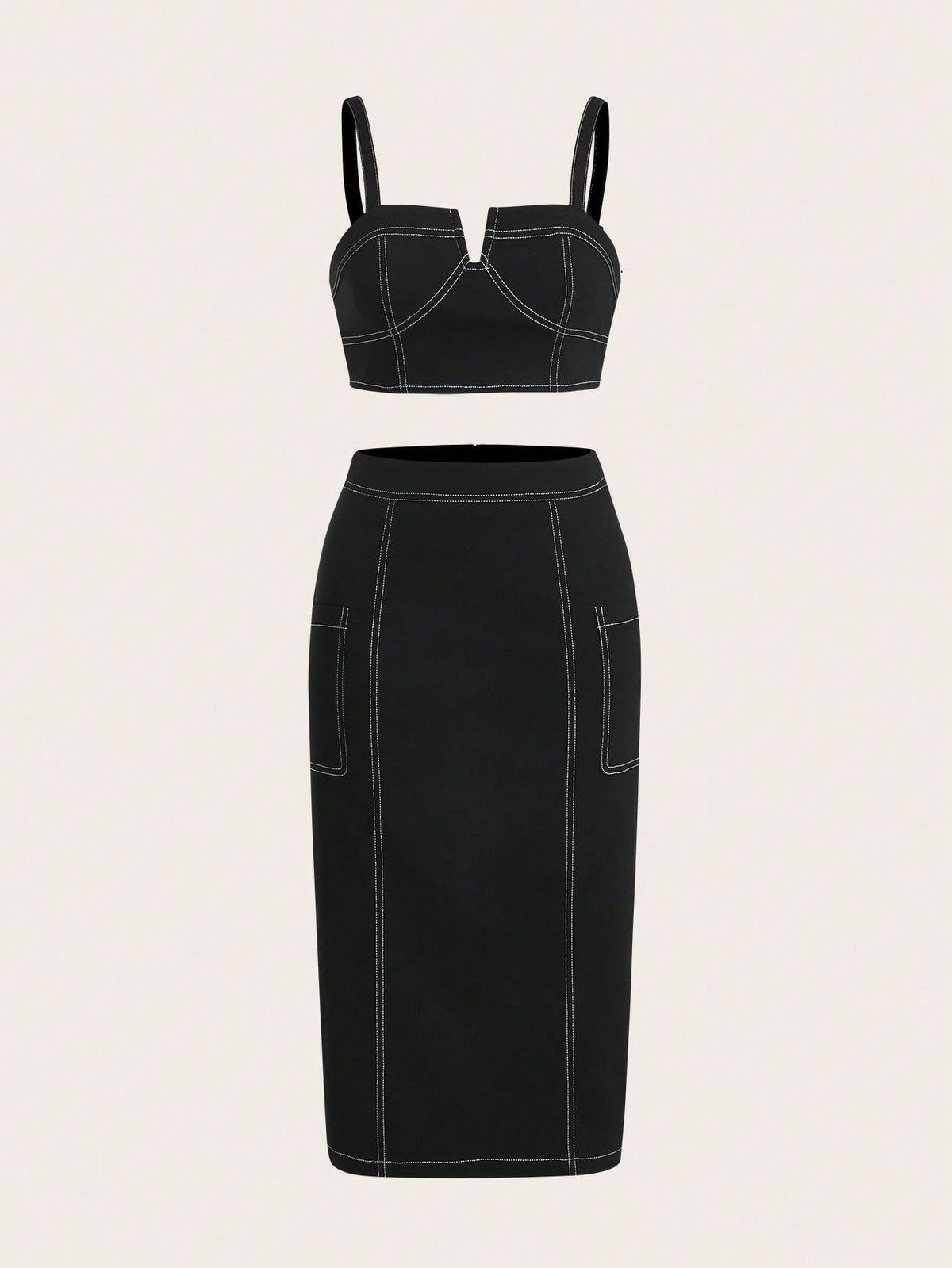 Top-stitching Crop Cami Top & Pocket Side Skirt