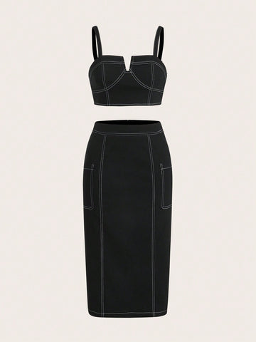 Top-stitching Crop Cami Top & Pocket Side Skirt
