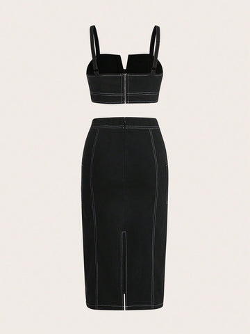 Top-stitching Crop Cami Top & Pocket Side Skirt