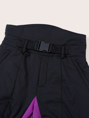 Two Tone Buckle Belted Pants