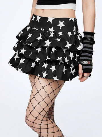 Woman Star Print Black Mini Shorts