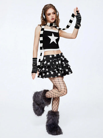 Woman Star Print Black Mini Shorts