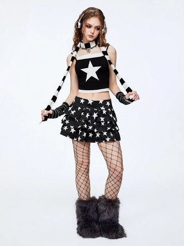 Woman Star Print Black Mini Shorts