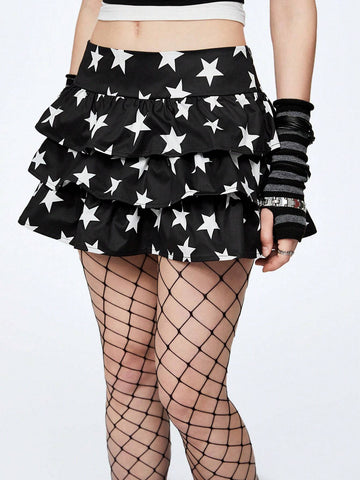 Woman Star Print Black Mini Shorts