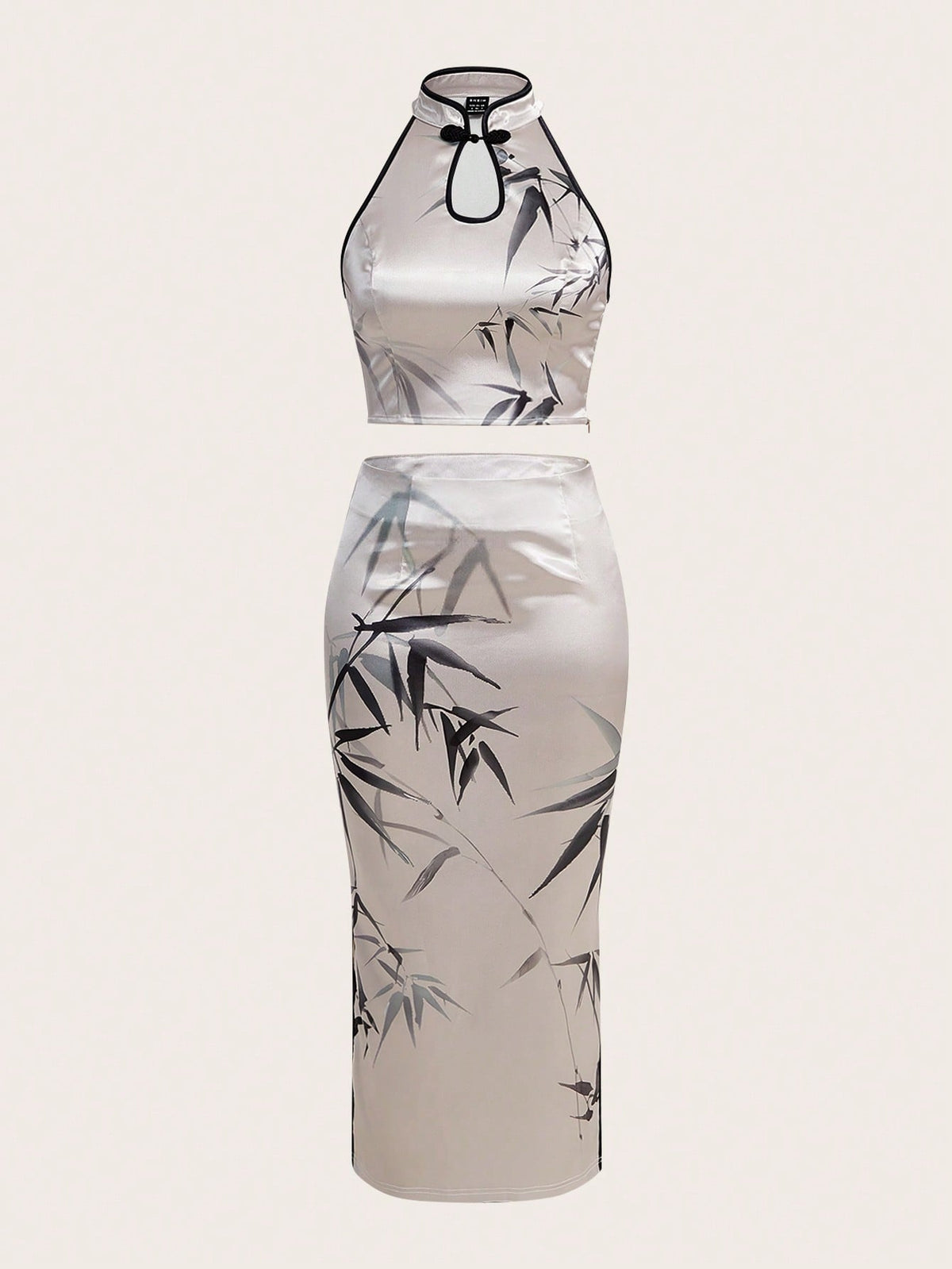 Women'S Chinese Style Bamboo Print Halter Top & Skirt Set With Buckle Decoration