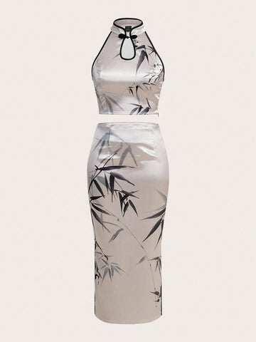 Women'S Chinese Style Bamboo Print Halter Top & Skirt Set With Buckle Decoration