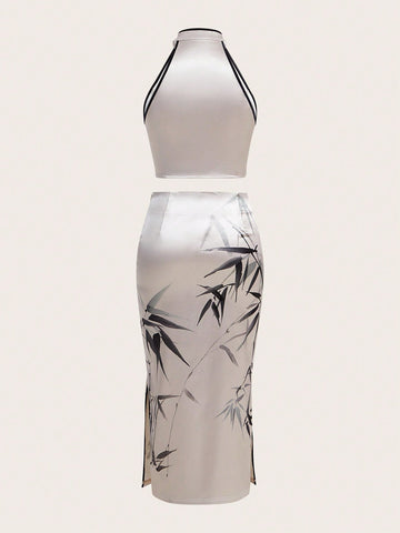 Women'S Chinese Style Bamboo Print Halter Top & Skirt Set With Buckle Decoration