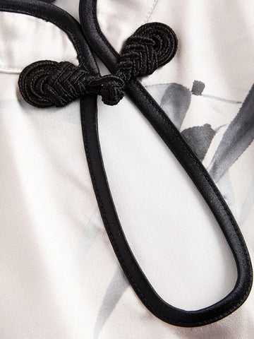 Women'S Chinese Style Bamboo Print Halter Top & Skirt Set With Buckle Decoration