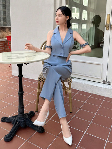 Women'S Color-Block Lapel Vest And Pants Two Piece Set