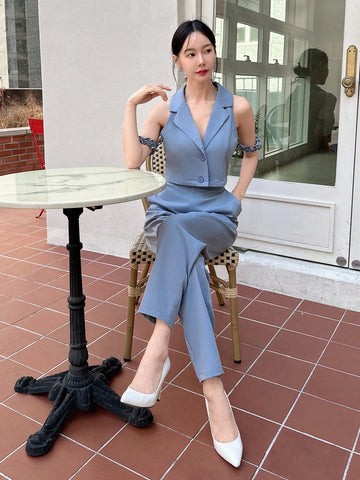 Women'S Color-Block Lapel Vest And Pants Two Piece Set