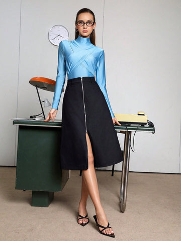 Women'S Solid Color Stand Collar Crisscross Bodysuit
