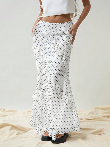 Women Black & White Polka Dot Chiffon Skirt With Ruffle Hemline, For Spring And Summer