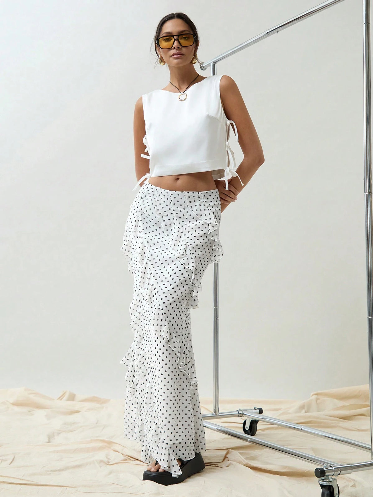 Women Black & White Polka Dot Chiffon Skirt With Ruffle Hemline, For Spring And Summer