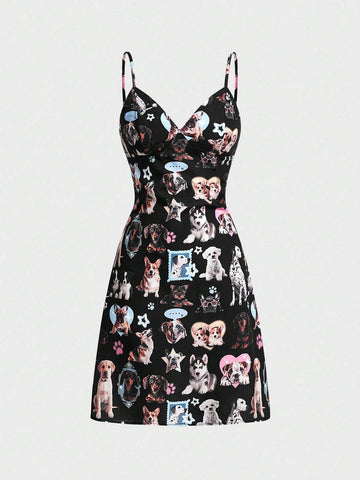 Women's Cute Dog Print Slip Dress