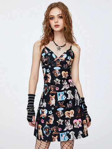 Women's Cute Dog Print Slip Dress