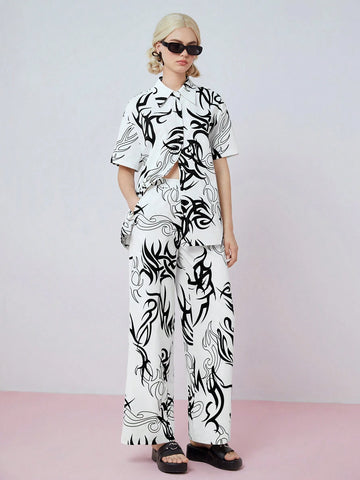 Women's Fashion Black And White Printed Short Sleeve Shirt