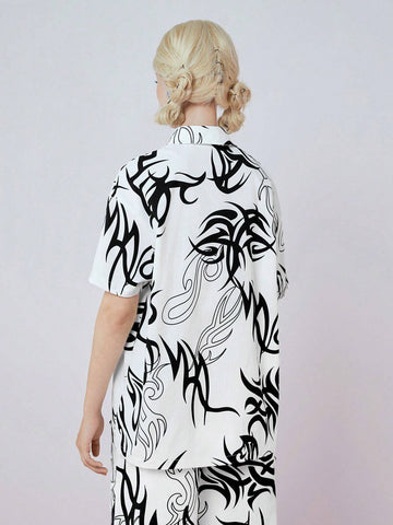 Women's Fashion Black And White Printed Short Sleeve Shirt
