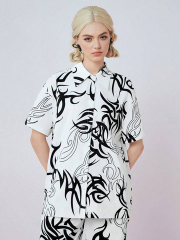 Women's Fashion Black And White Printed Short Sleeve Shirt