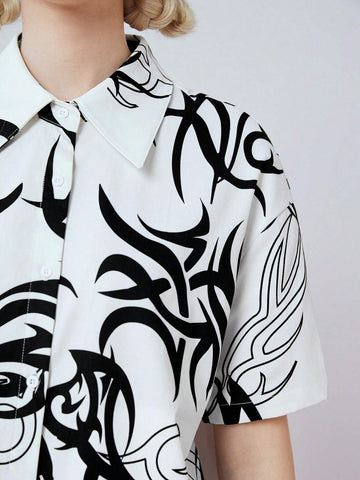 Women's Fashion Black And White Printed Short Sleeve Shirt