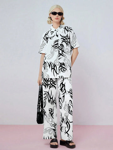 Women's Fashion Black And White Printed Short Sleeve Shirt