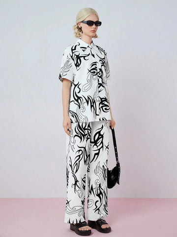 Women's Fashion Black And White Printed Short Sleeve Shirt