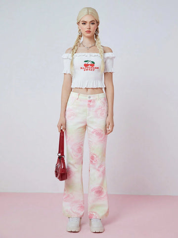 Women's Fashionable Flare Pants With All-Over Flower Print