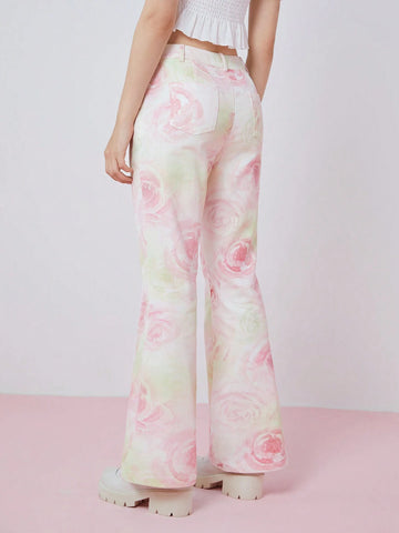 Women's Fashionable Flare Pants With All-Over Flower Print