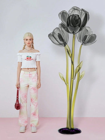 Women's Fashionable Flare Pants With All-Over Flower Print