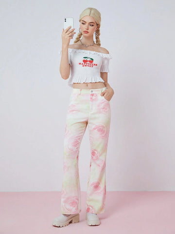 Women's Fashionable Flare Pants With All-Over Flower Print
