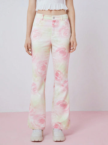 Women's Fashionable Flare Pants With All-Over Flower Print