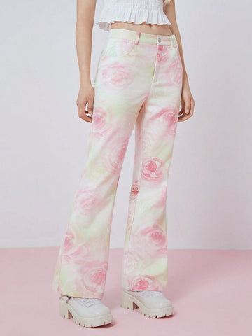 Women's Fashionable Flare Pants With All-Over Flower Print
