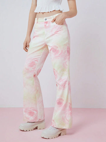 Women's Fashionable Flare Pants With All-Over Flower Print