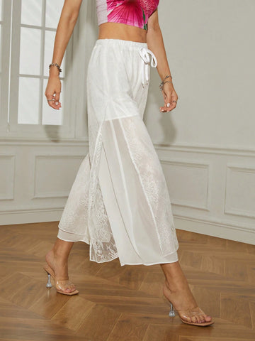 Women's Jacquard Drawstring Wide Leg Capri Pants