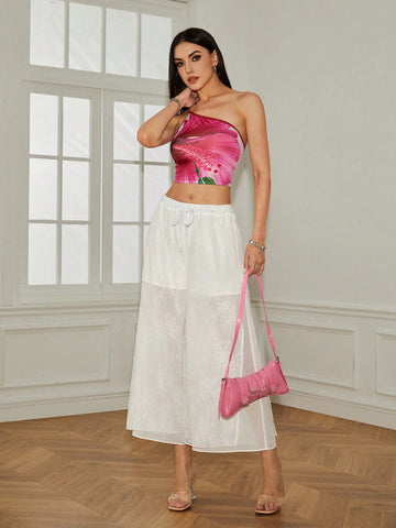 Women's Jacquard Drawstring Wide Leg Capri Pants