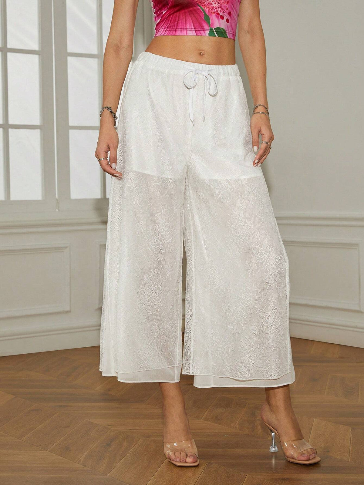 Women's Jacquard Drawstring Wide Leg Capri Pants