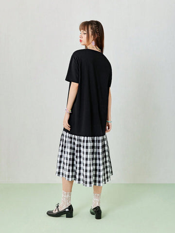 Women's Long Loose Casual Acid Pattern Print Plaid Patchwork Dress