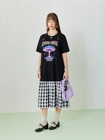 Women's Long Loose Casual Acid Pattern Print Plaid Patchwork Dress