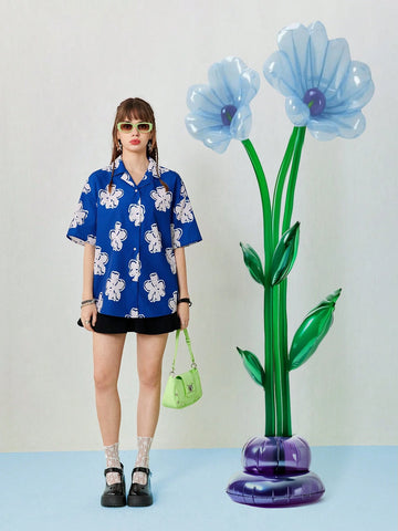 Women's Loose Casual Blue Shirt With Flower Print