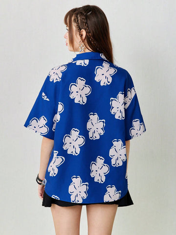 Women's Loose Casual Blue Shirt With Flower Print