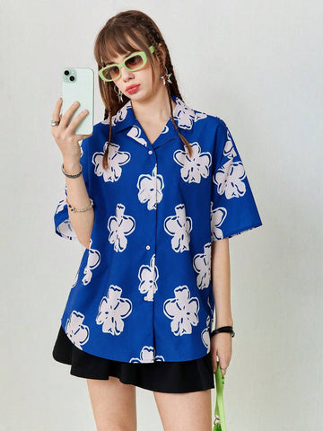 Women's Loose Casual Blue Shirt With Flower Print