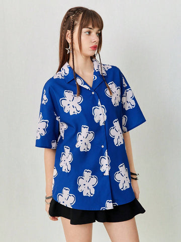 Women's Loose Casual Blue Shirt With Flower Print