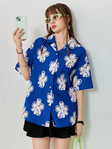Women's Loose Casual Blue Shirt With Flower Print