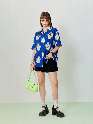 Women's Loose Casual Blue Shirt With Flower Print