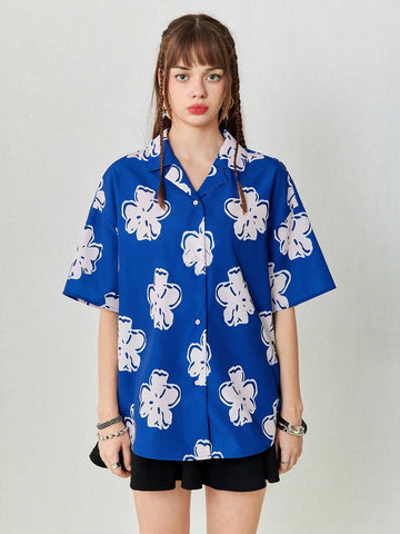 Women's Loose Casual Blue Shirt With Flower Print