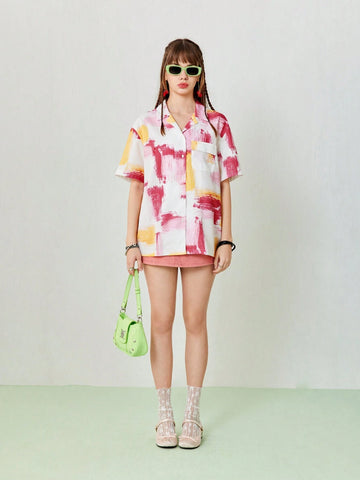 Women's Oil Painting Abstract Pattern Print Loose Casual Shirt With Pockets