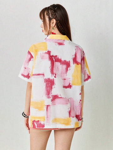 Women's Oil Painting Abstract Pattern Print Loose Casual Shirt With Pockets
