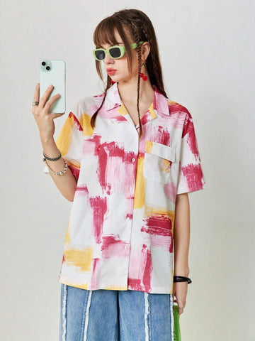 Women's Oil Painting Abstract Pattern Print Loose Casual Shirt With Pockets