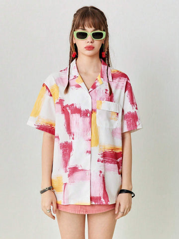 Women's Oil Painting Abstract Pattern Print Loose Casual Shirt With Pockets